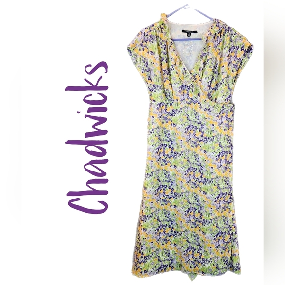 Chadwicks Womens Spring Summer Floral Ruffle Semi Wrap Midi Dress Sz 10 - Picture 1 of 11